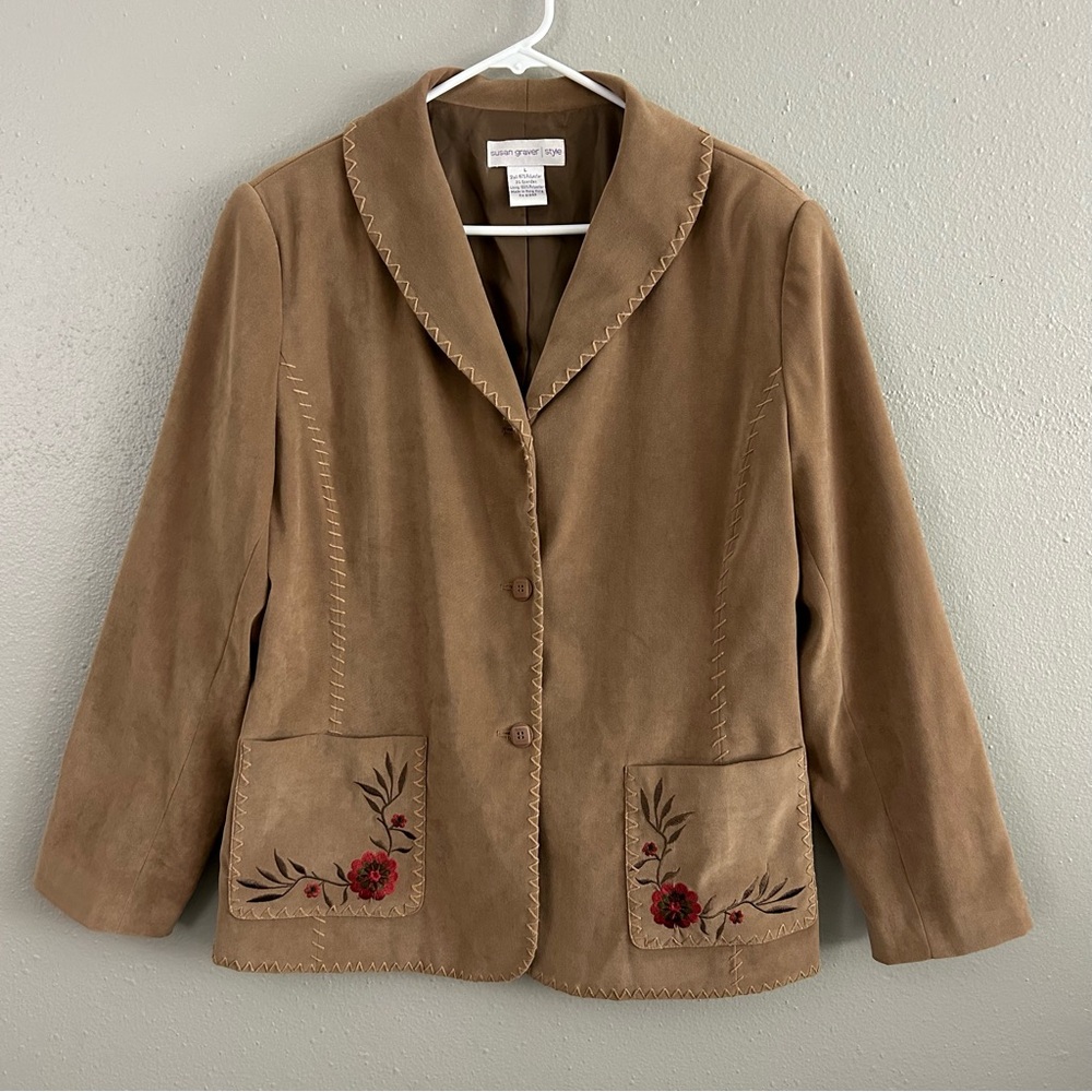 VTG Susan Graver Brown Embroidered Blazer Jacket Faux Suede Size L Floral Retro
